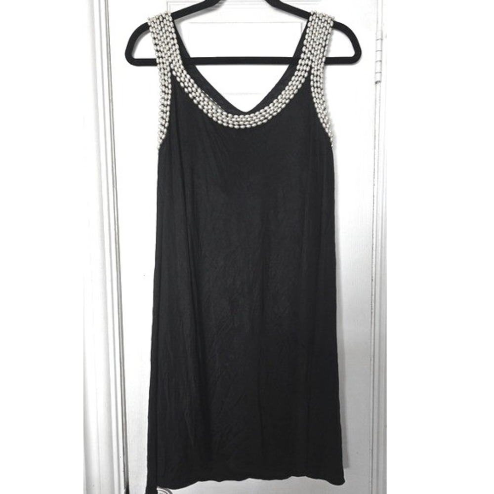 Foley Natural Pearls Beaded Neckline Black 100% Silk Sleeveless‎ Dress S Dress